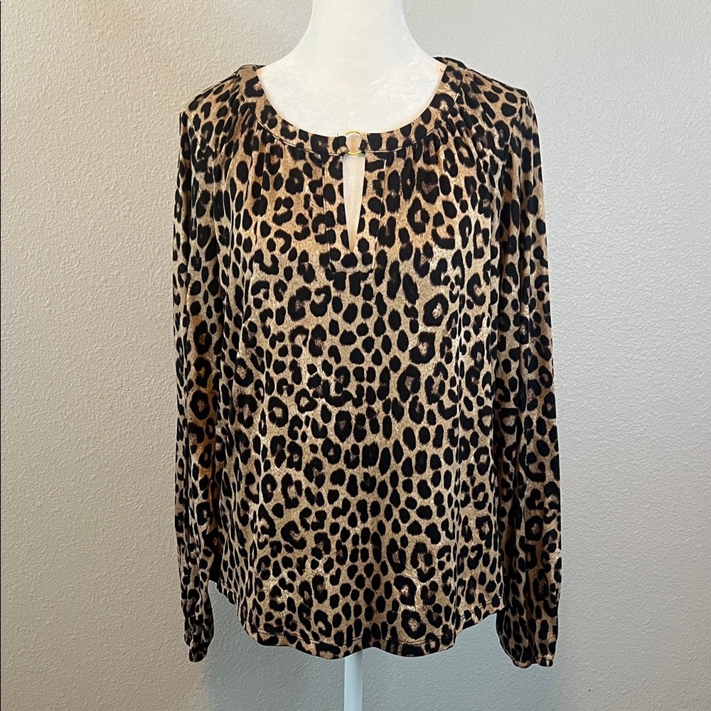 Michael Kors Leopard Print Split Neck Top Size Medium